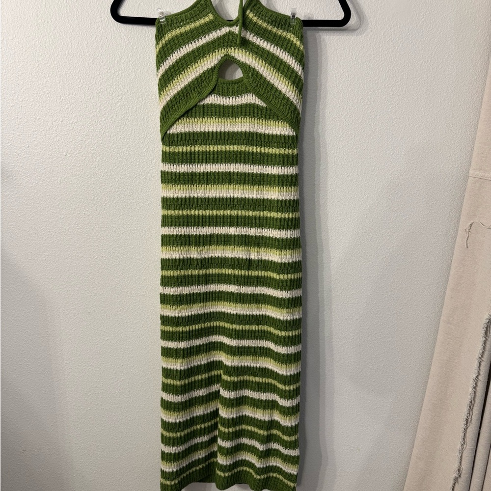 Green and White Sleeveless Halter Sheath Dress